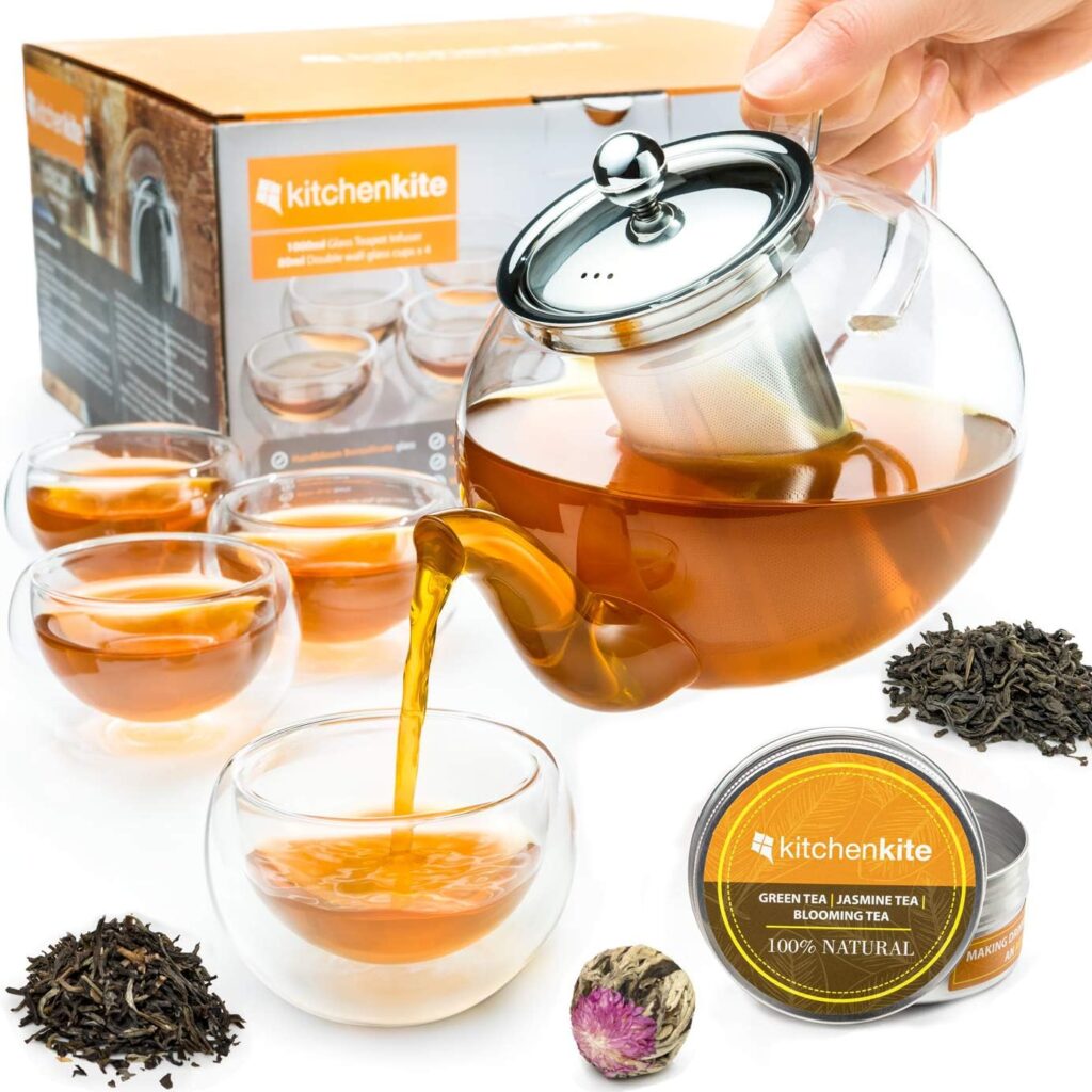 Glass Teapot Set with 4 Double Wall Teacups  Removable Stainless Steel Infuser - Microwave Dishwasher Safe Clear Blooming Loose Leaf Teas, Tea Maker Gift