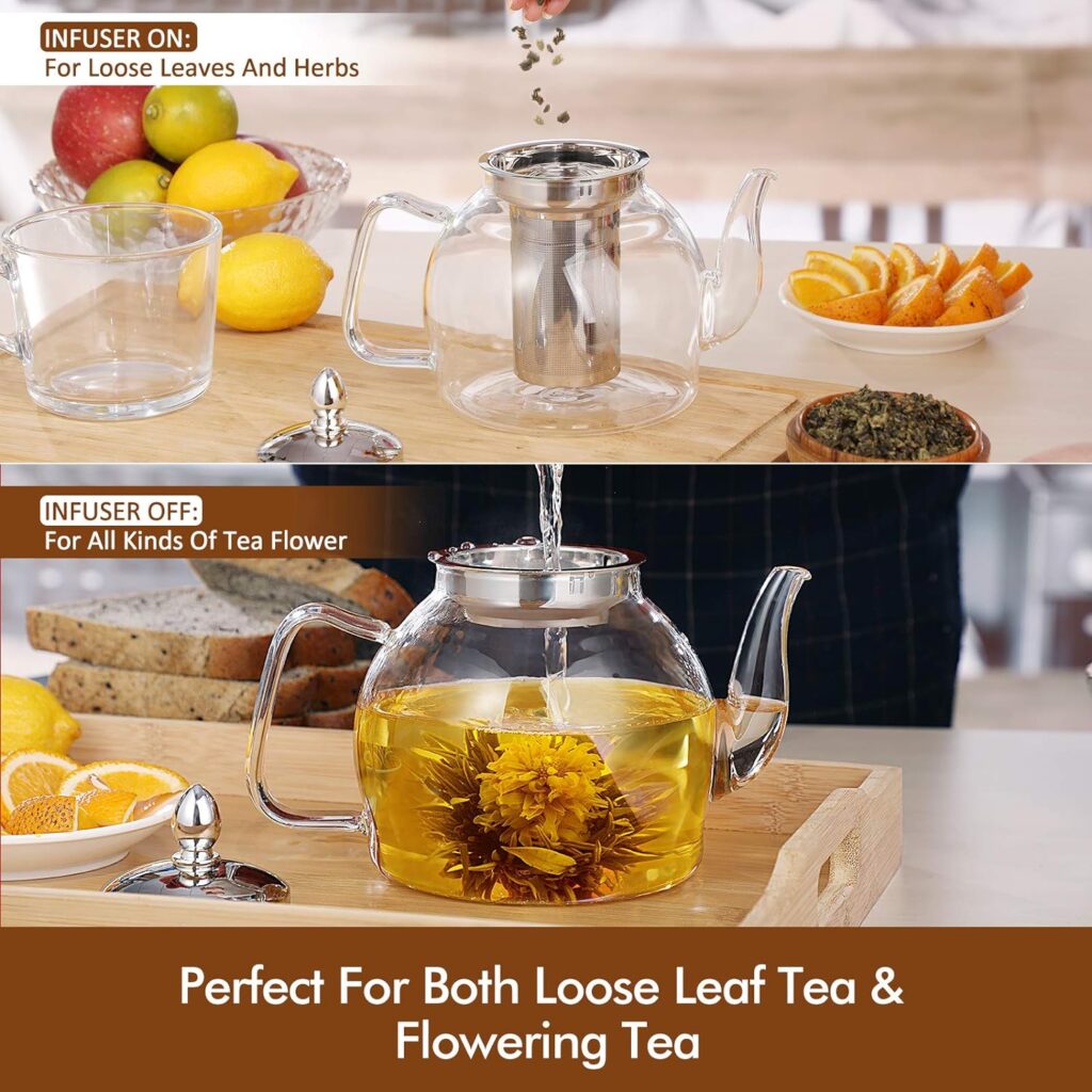 HIWARE 1000ml Glass Teapot with Removable Infuser, Stovetop Safe Tea Kettle, Blooming and Loose Leaf Tea Maker Set