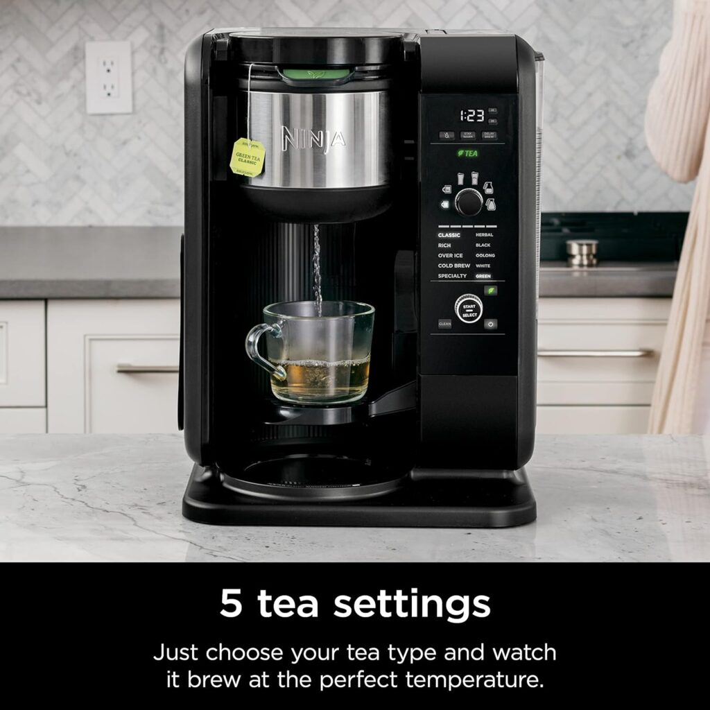 Ninja Hot and Cold Brewed System, Tea  Coffee Maker, with Auto-iQ, 6 Sizes, 5 Styles, 5 Tea Settings, 50 oz Thermal Carafe, Frother, Coffee  Tea Baskets, Dishwasher Safe Parts, Black, CP307