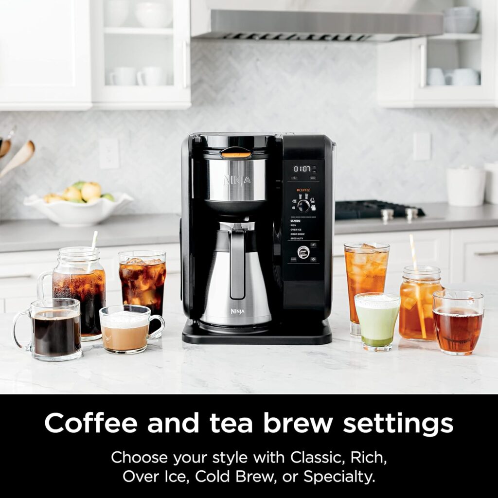 Ninja Hot and Cold Brewed System, Tea  Coffee Maker, with Auto-iQ, 6 Sizes, 5 Styles, 5 Tea Settings, 50 oz Thermal Carafe, Frother, Coffee  Tea Baskets, Dishwasher Safe Parts, Black, CP307