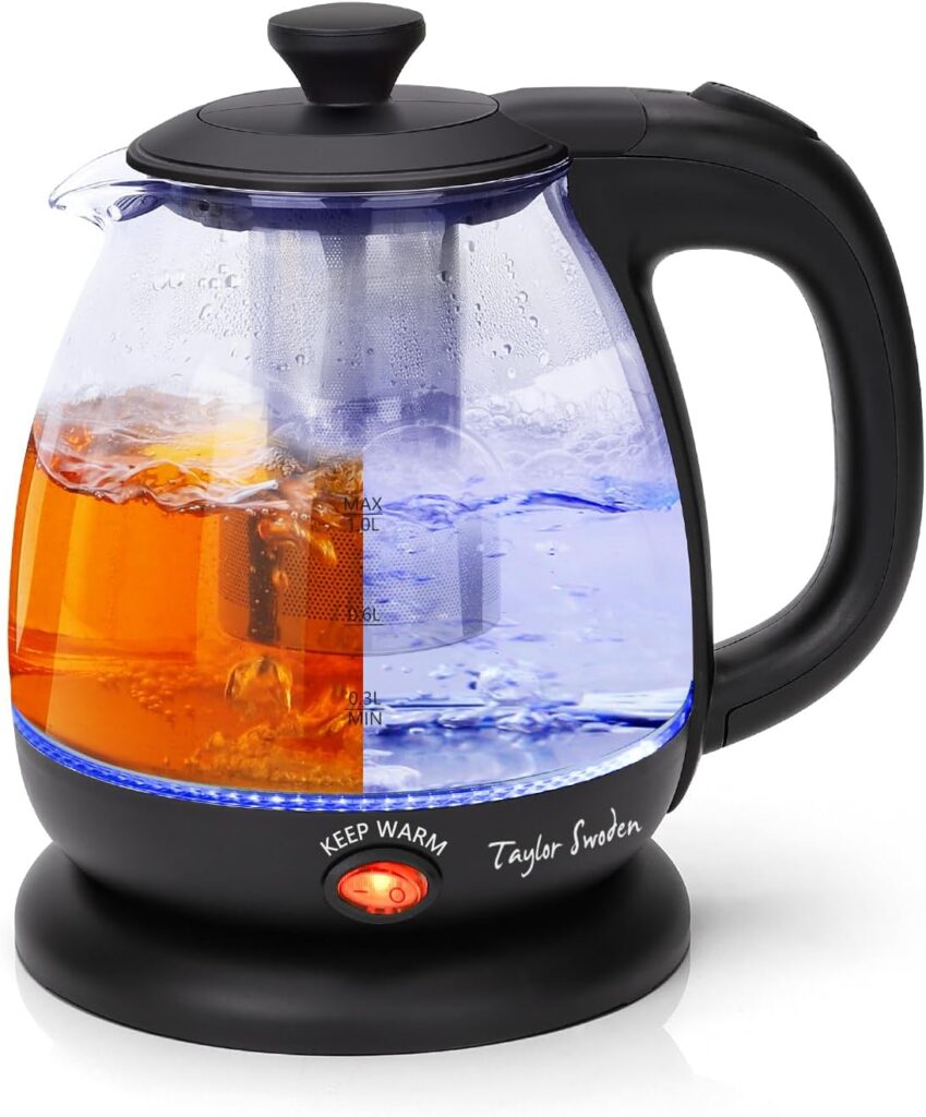 Taylor Swoden Electric Kettle with Tea Infuser, 1L Small Electric Tea Kettle with Keep Warm, LED Light Hot Water Boiler  Heater for Coffee  Tea, Auto Shut-Off  Boil Dry Protection, BPA Free, Black